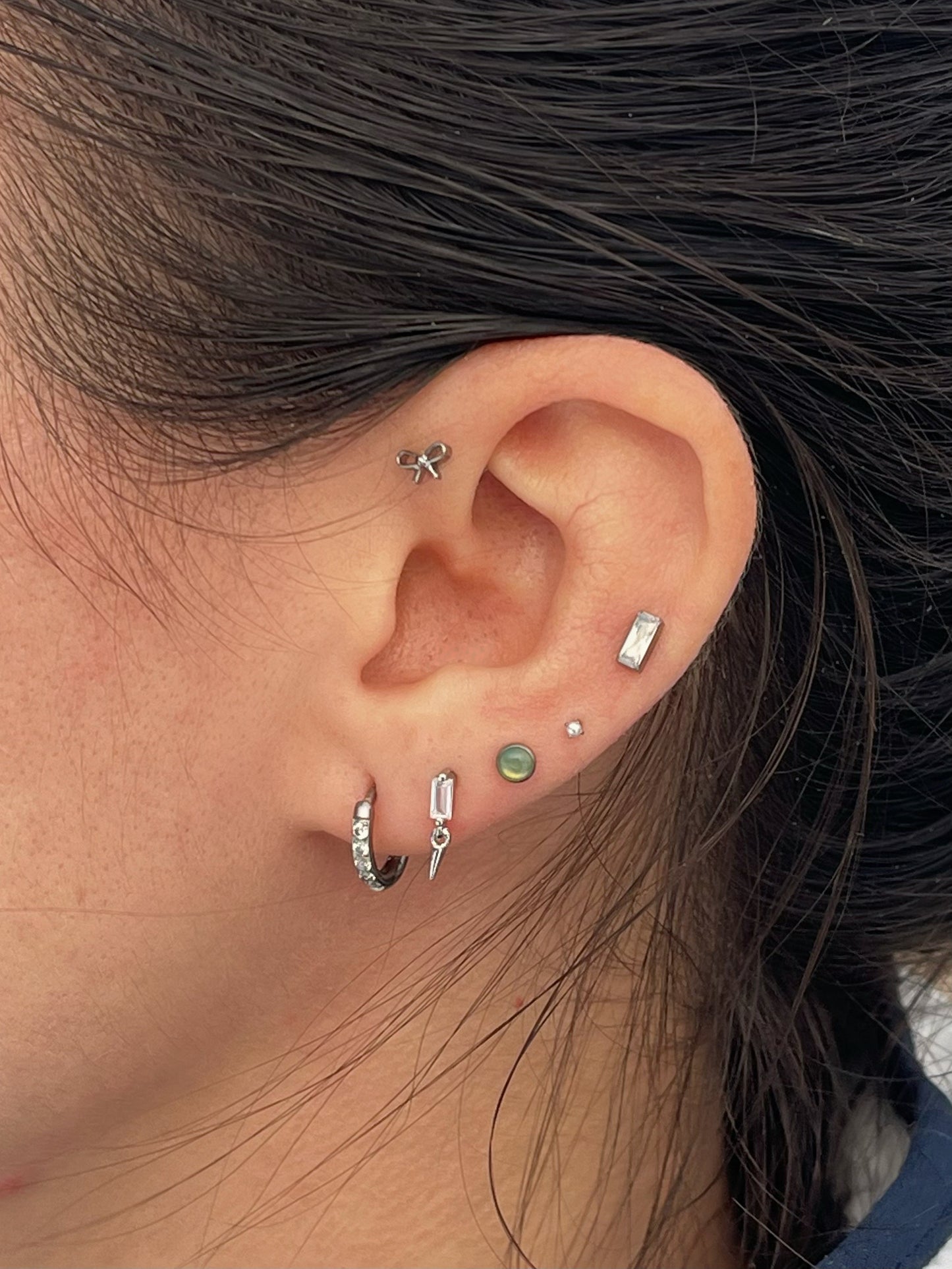 Threadless Push In CZ Crystal Baguette with Dangling Spike Flat Back Stud - 316L Stainless Steel