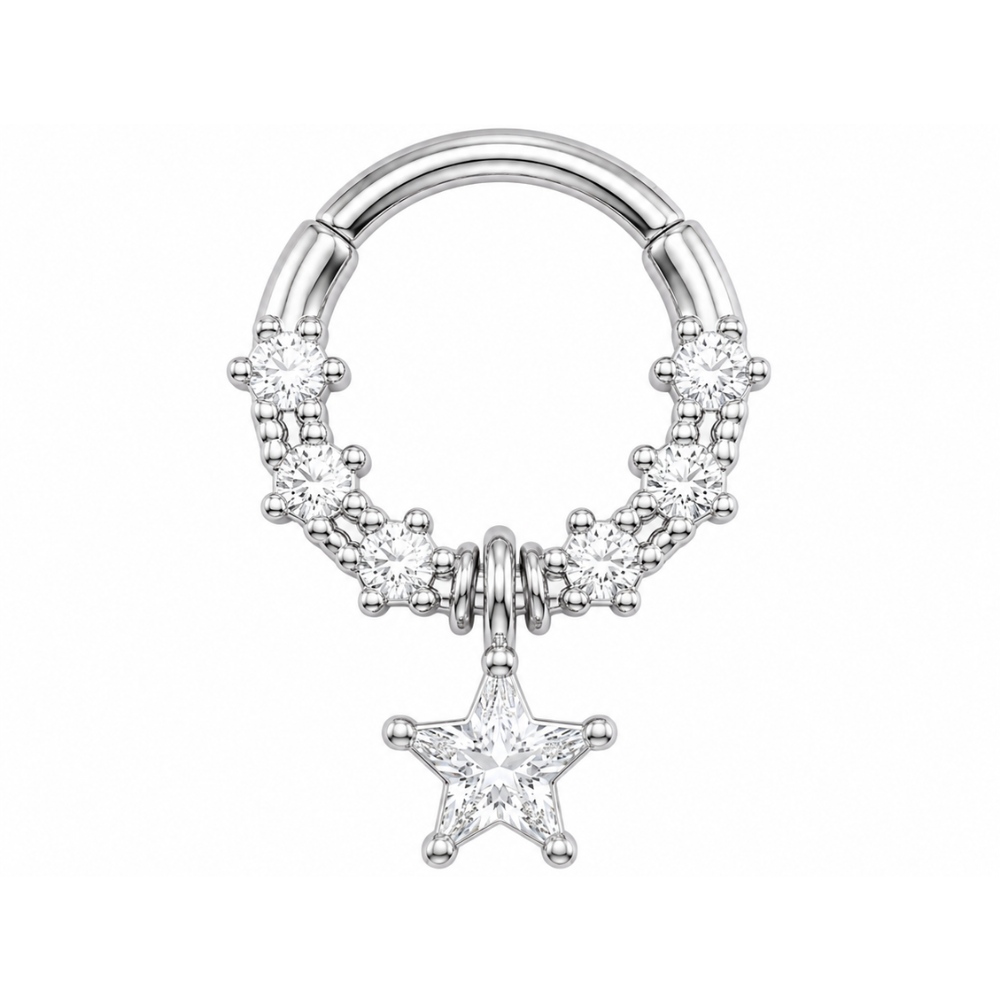 CZ Crystal Dangling Star Center Hinged Segment Clicker Ring - 316L Stainless Steel