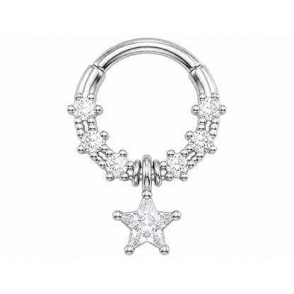 CZ Crystal Dangling Star Center Hinged Segment Clicker Ring - 316L Stainless Steel