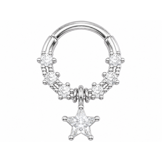 CZ Crystal Dangling Star Center Hinged Segment Clicker Ring - 316L Stainless Steel