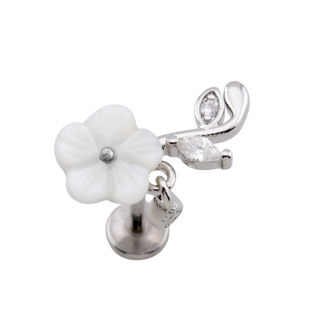 Threadless Push In CZ Crystal White Flower Flat Back Stud - 316L Stainless Steel
