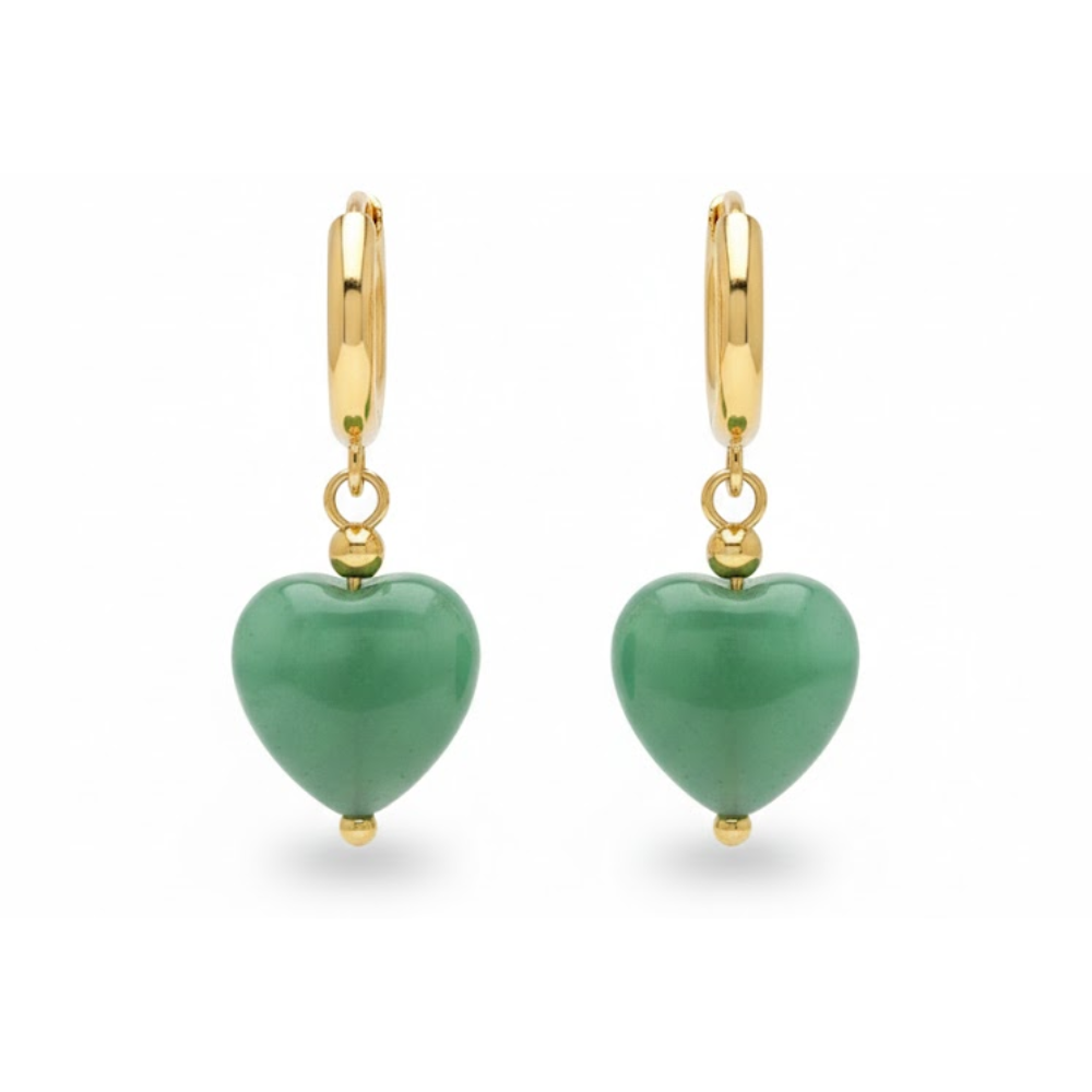 Dangling Natural Stone Heart Hoop Earrings - Pair - Stainless Steel
