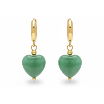 Dangling Natural Stone Heart Hoop Earrings - Pair - Stainless Steel