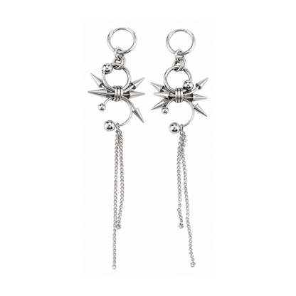 Spike Cluster with Horseshoe Barbell and Dangling Chain Hoop Earrings - Pair - Stainless Steel