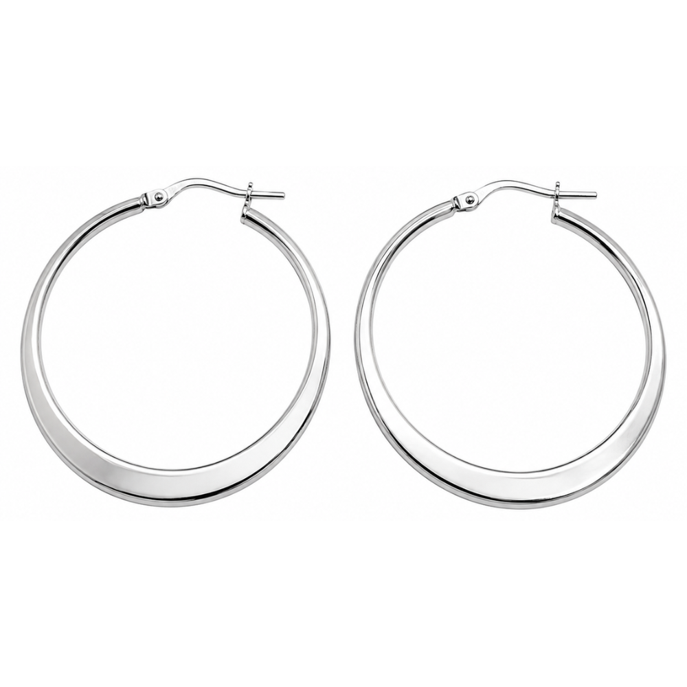 Tapered Flat Hoop Earrings - Pair - Rhodium Plated 925 Sterling Silver