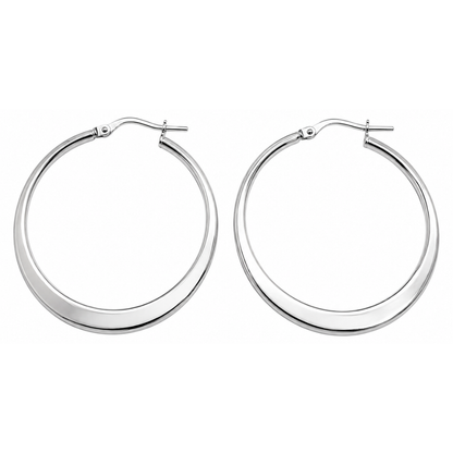 Tapered Flat Hoop Earrings - Pair - Rhodium Plated 925 Sterling Silver