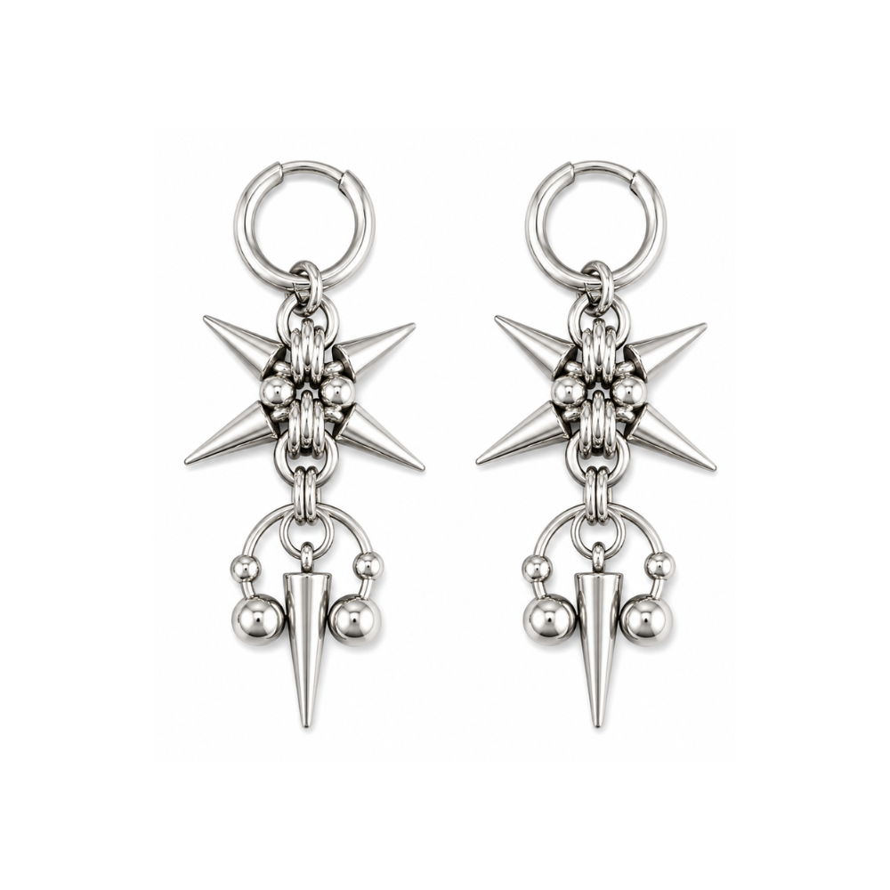 Punk Spike Horseshoe Dangling Hoop Earrings - Pair - Stainless Steel