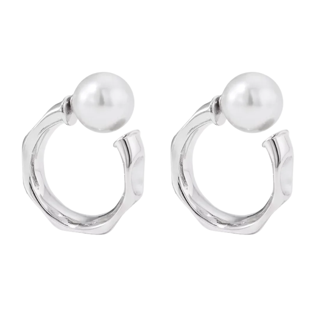 C-Shaped Simulated Pearl Ball End Hammered Hoop Earrings - Pair - 304 Stainless Steel