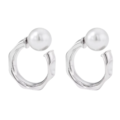 C-Shaped Simulated Pearl Ball End Hammered Hoop Earrings - Pair - 304 Stainless Steel