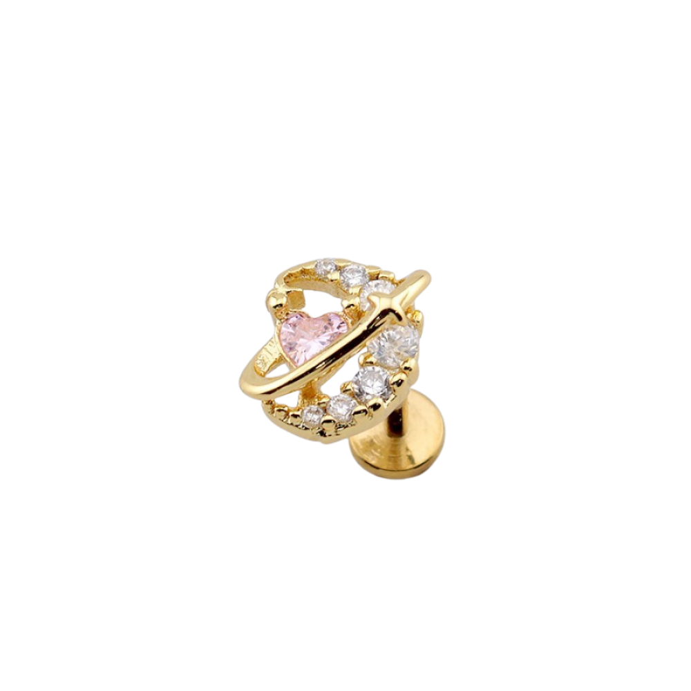 Threadless Push In Pink CZ Crystal Heart Planet Flat Back Stud - 316L Stainless Steel