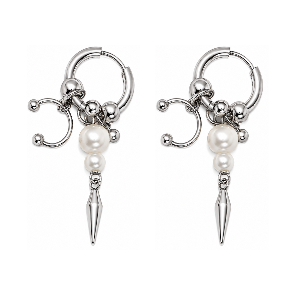 Horseshoe Barbell Simulated Pearl Spike Dangling Hoop Earrings - Pair - Stainless Steel