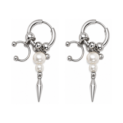 Horseshoe Barbell Simulated Pearl Spike Dangling Hoop Earrings - Pair - Stainless Steel