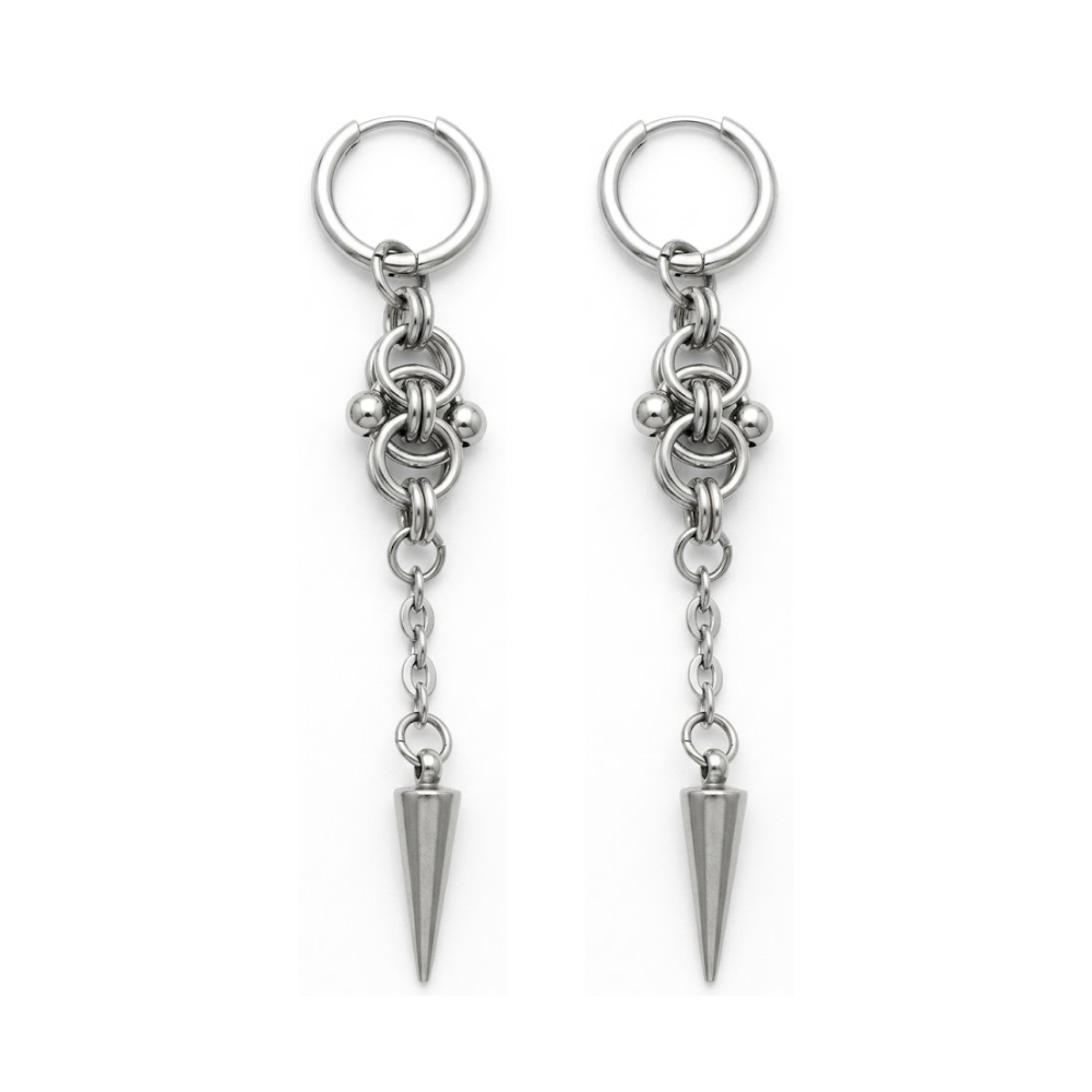 Chain Knot Long Spike Dangling Hoop Earrings - Pair - Stainless Steel