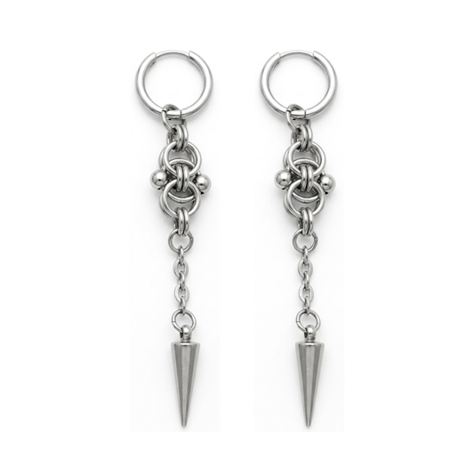 Chain Knot Long Spike Dangling Hoop Earrings - Pair - Stainless Steel