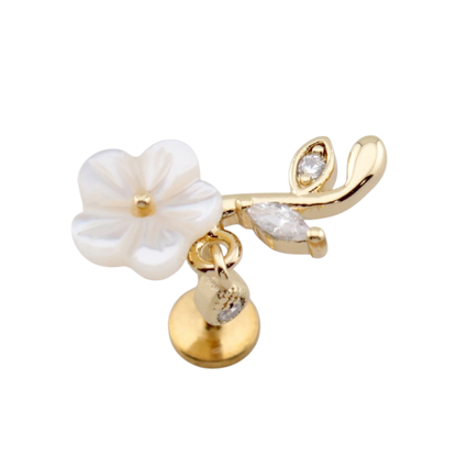 Threadless Push In CZ Crystal White Flower Flat Back Stud - 316L Stainless Steel