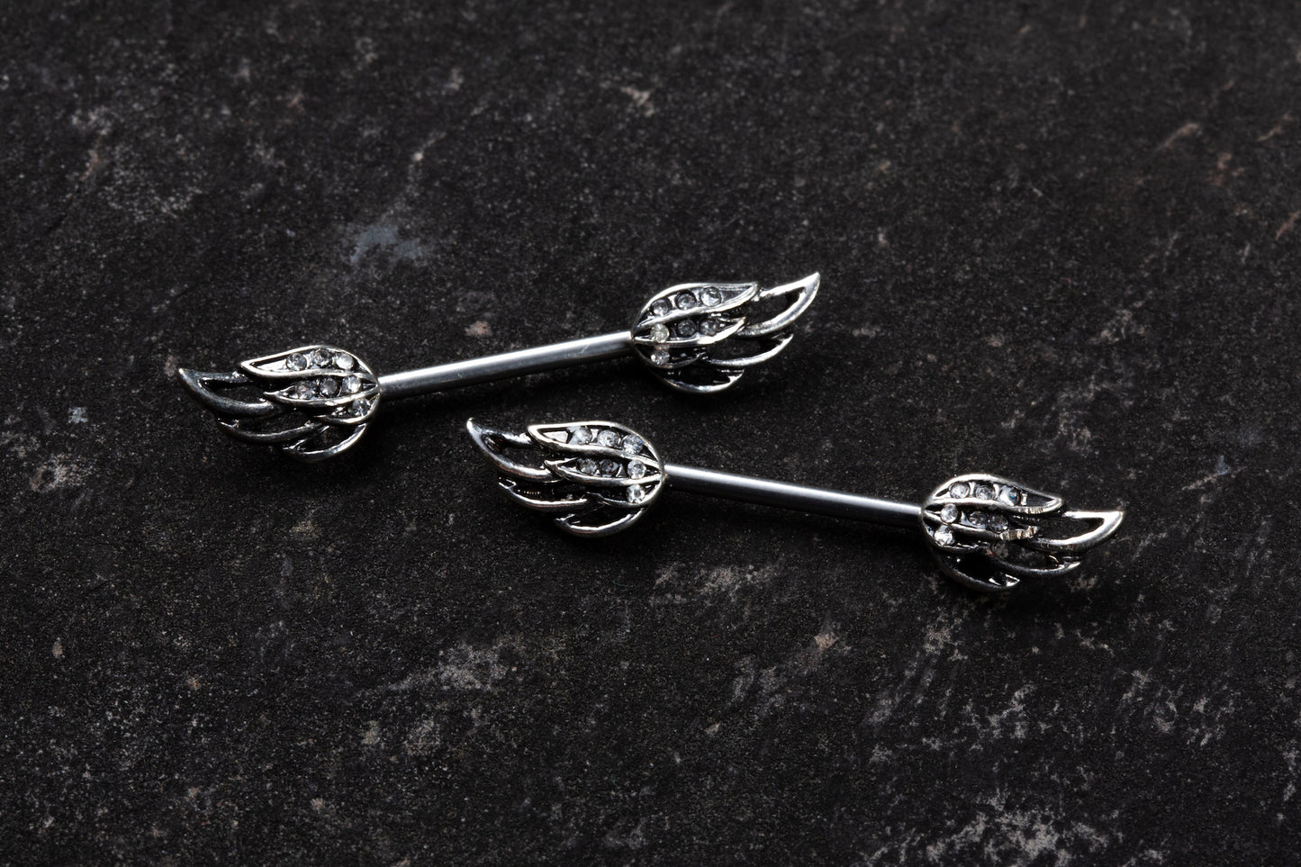 Crystal Studded Angel Wings Nipple Barbells - Stainless Steel - Pair