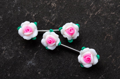 Pink and White Rose Flower Nipple Barbells - Pair - 316L Stainless Steel