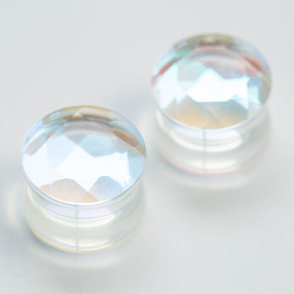 Iridescent Glass Faceted Double Flared Saddle Plug Gauges - Pair