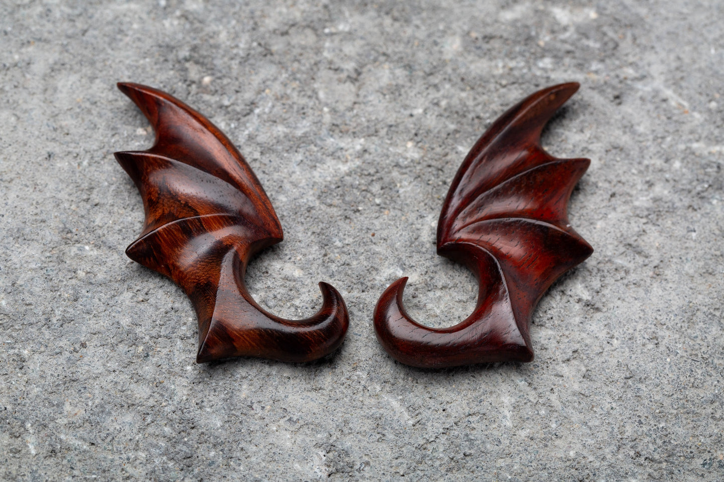 Hand Carved Sono Wood Bat Wing Hanging Taper Plugs - Pair