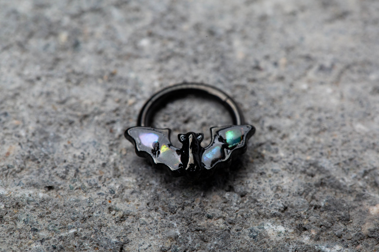 Bat with Abalone Shell Wings Hinged Segment Ring - 316L Stainless Steel