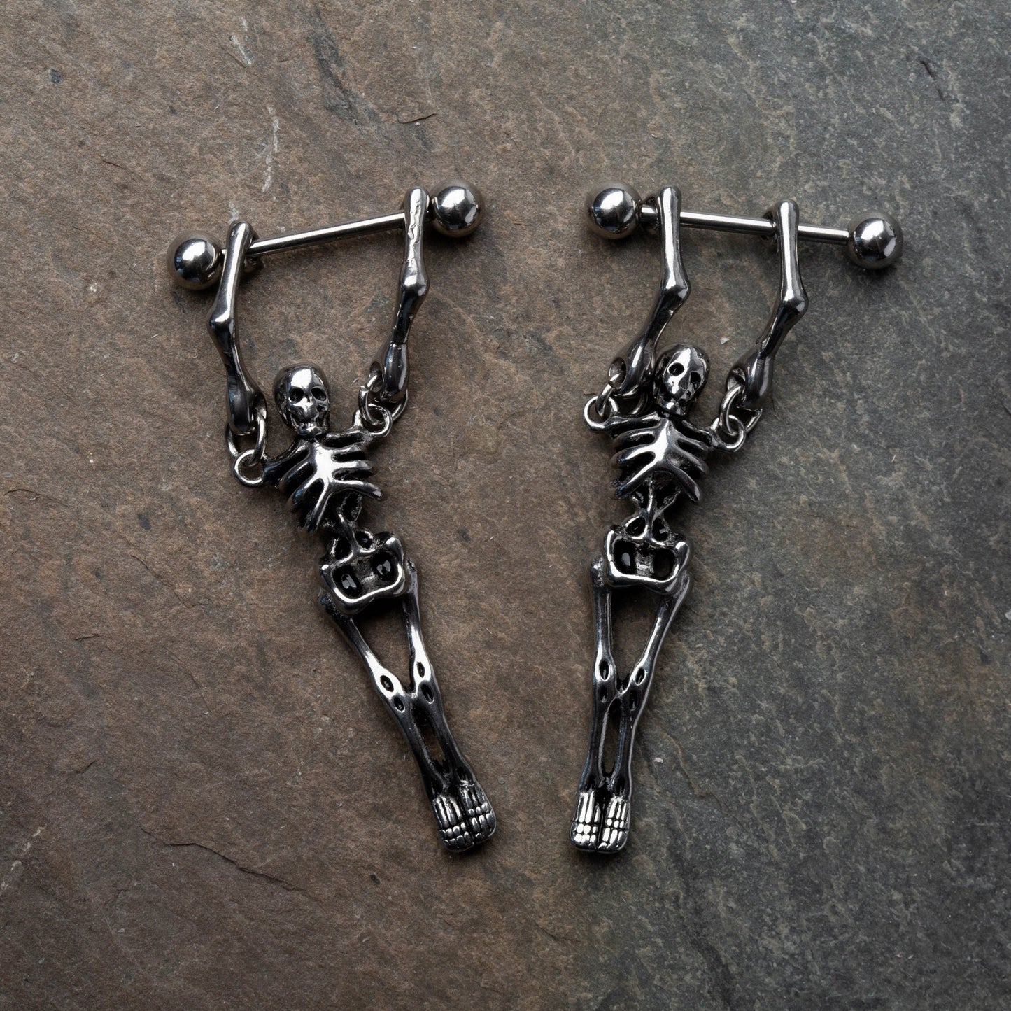 Hanging Skeleton Nipple Barbells - Stainless Steel - Pair