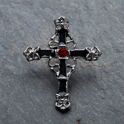 Black Enamel Colored Cross with Red Gem Center Rhodium Plated Top Drop Navel Belly Ring - Stainless Steel