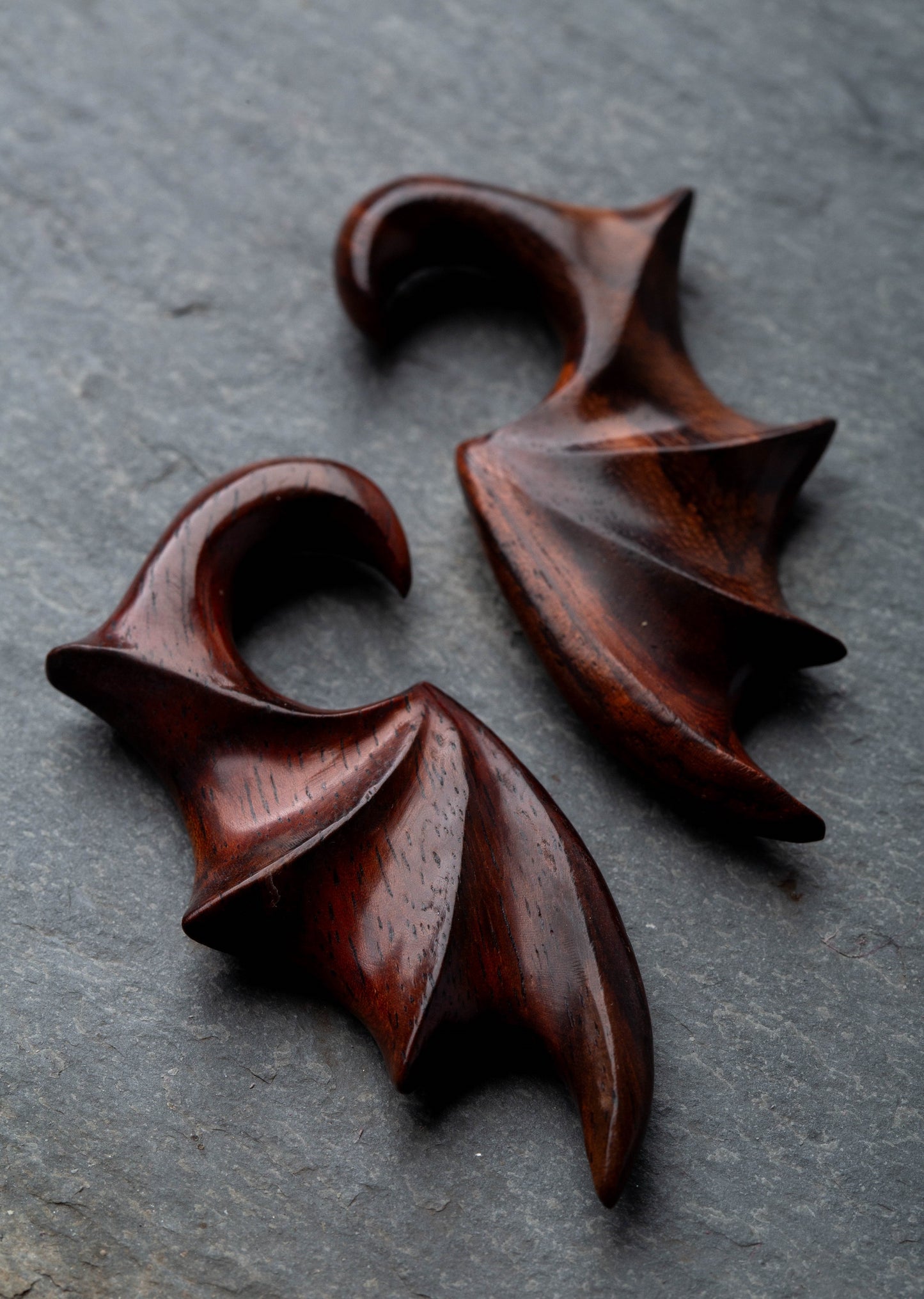 Hand Carved Sono Wood Bat Wing Hanging Taper Plugs - Pair