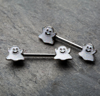 Happy Little Ghost Ends Barbell Nipple Rings - 316L Stainless Steel - Pair