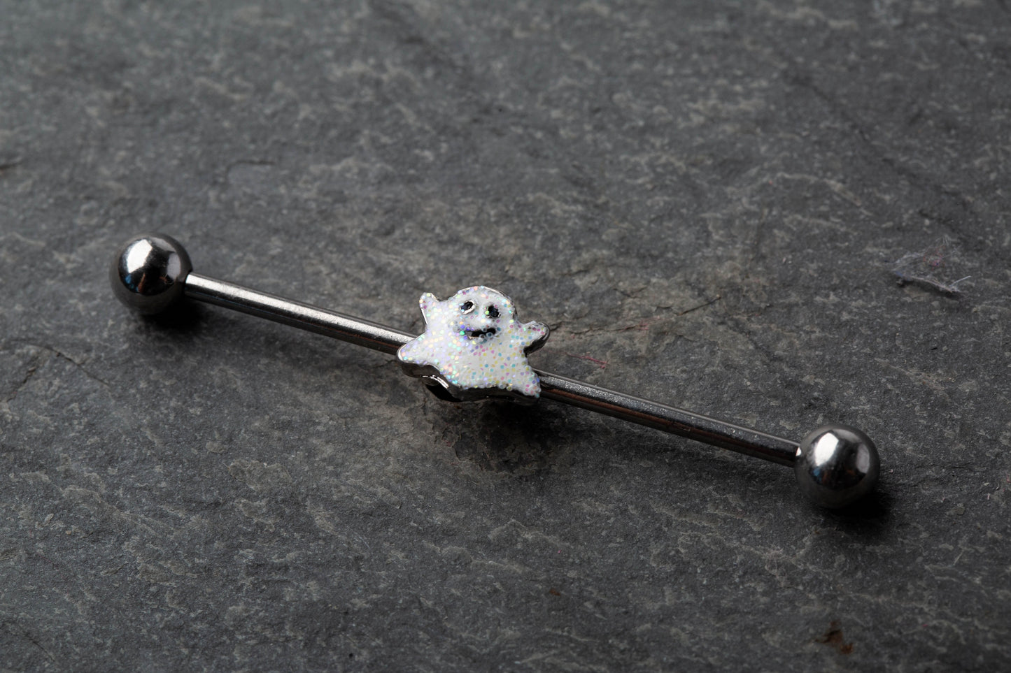 Smiling Spooky Ghost Industrial Barbell - 316L Stainless Steel