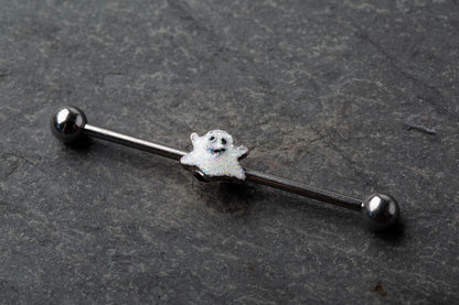 Smiling Spooky Ghost Industrial Barbell - 316L Stainless Steel