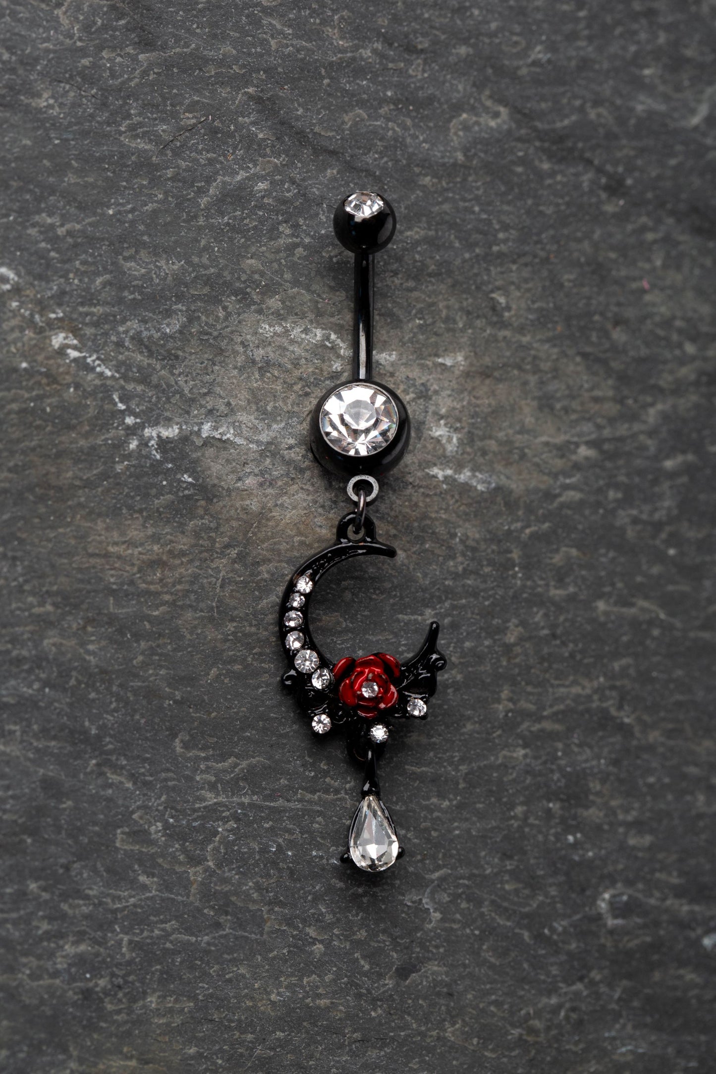 Black CZ Crystal Crescent Moon with Rose and Dangling Gem Belly Button Ring - 316L Stainless Steel