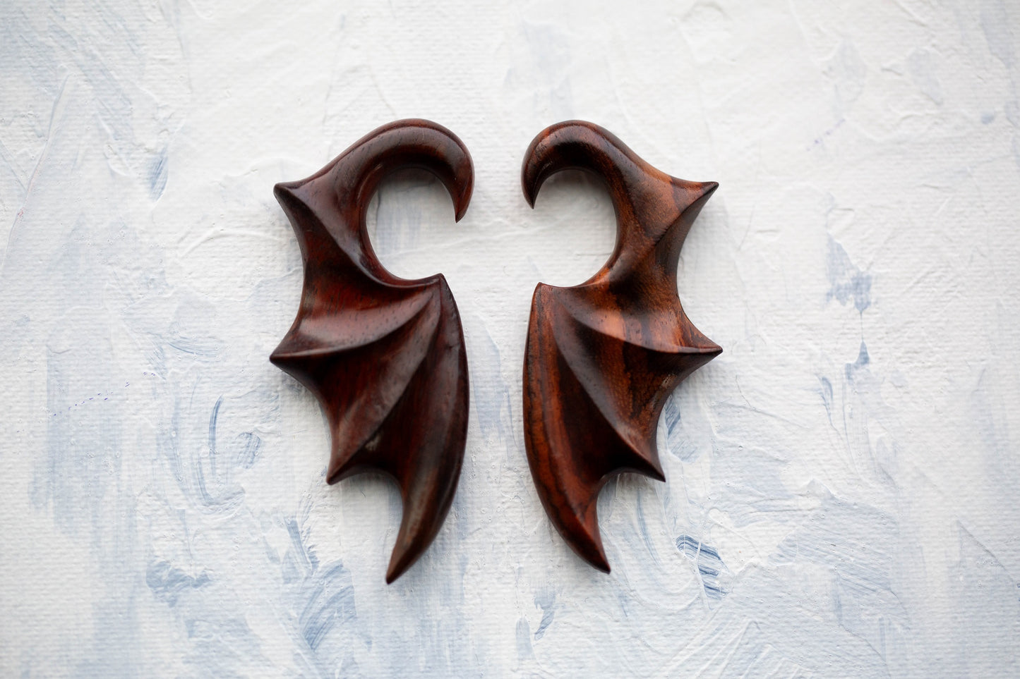 Hand Carved Sono Wood Bat Wing Hanging Taper Plugs - Pair