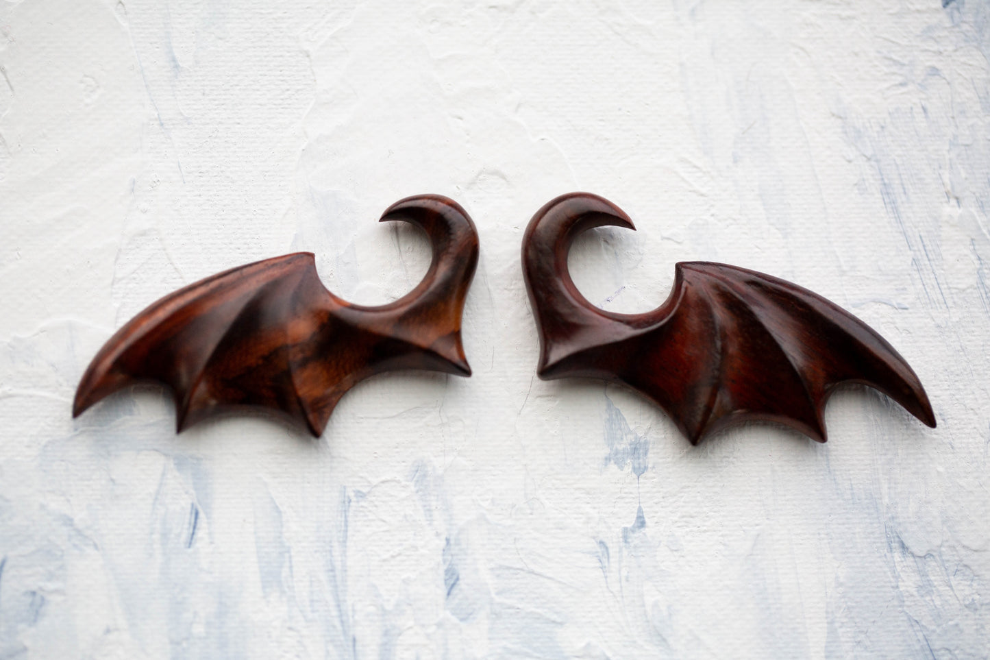 Hand Carved Sono Wood Bat Wing Hanging Taper Plugs - Pair