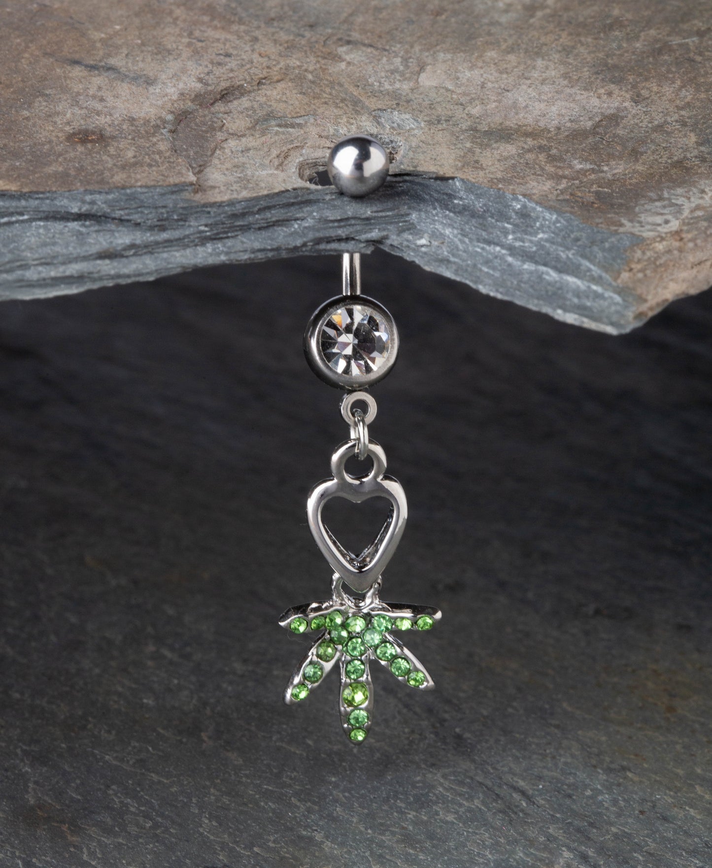 Heart and Crystal Paved Pot Leaf Dangling Belly Button Ring - Stainless Steel