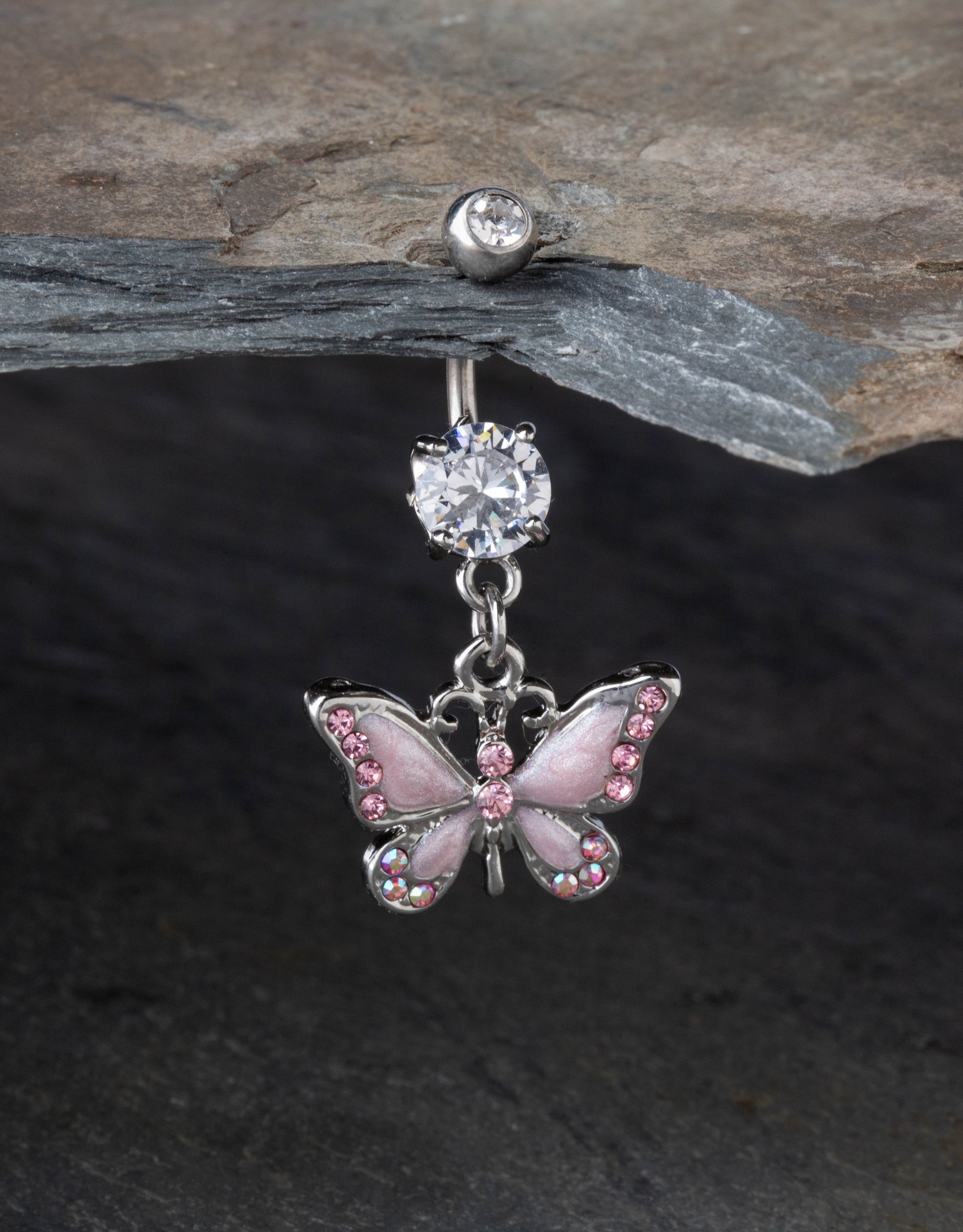 CZ Crystal Butterfly Dangling Belly Button Ring - Stainless Steel