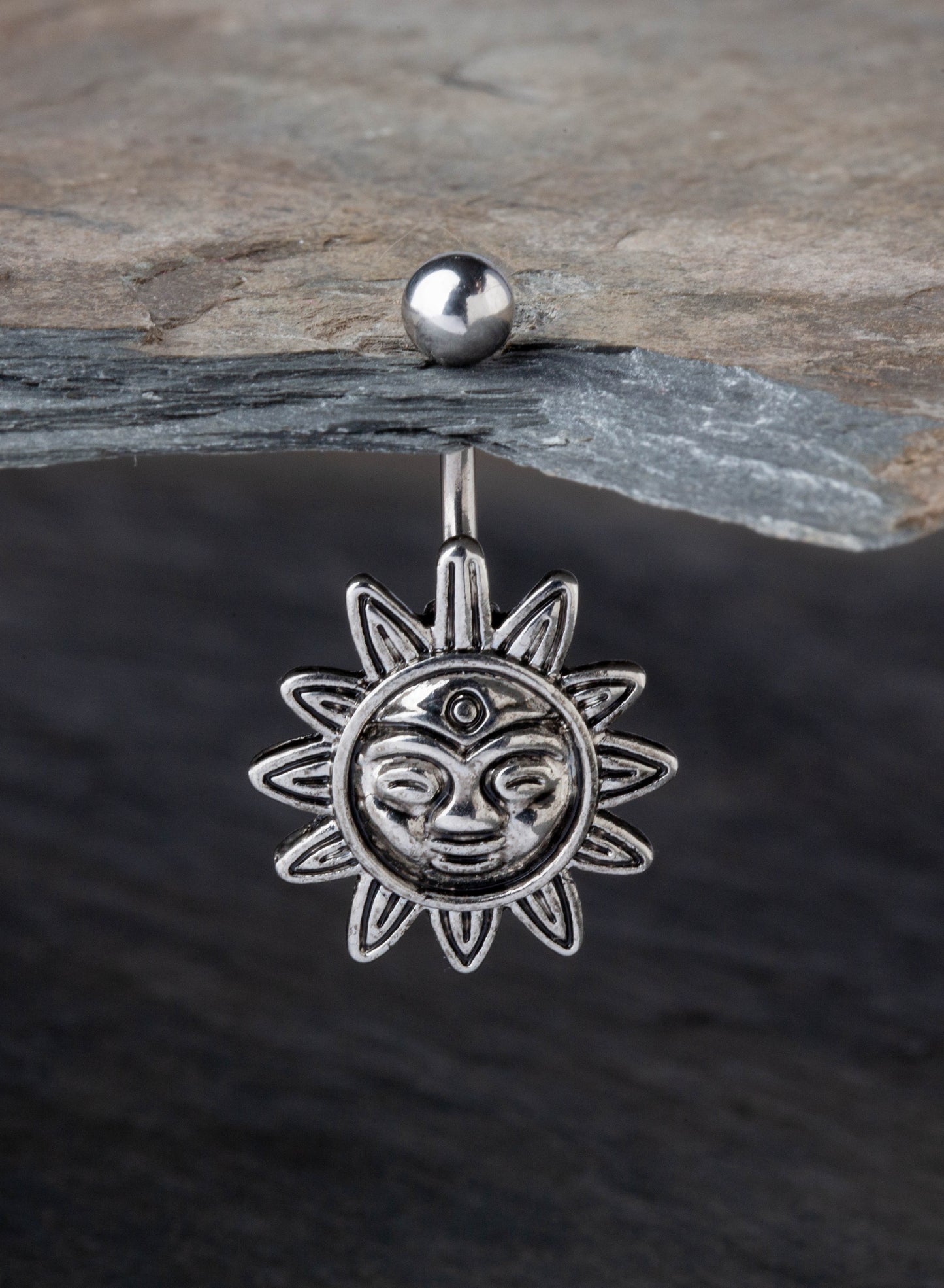 Smiling Tribal Sun Charm Belly Button Ring - 316L Stainless Steel