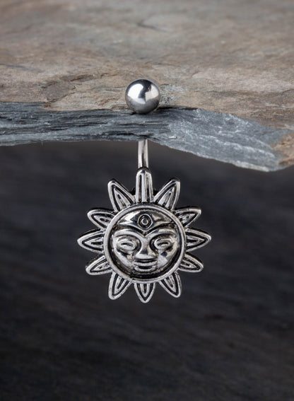 Smiling Tribal Sun Charm Belly Button Ring - 316L Stainless Steel