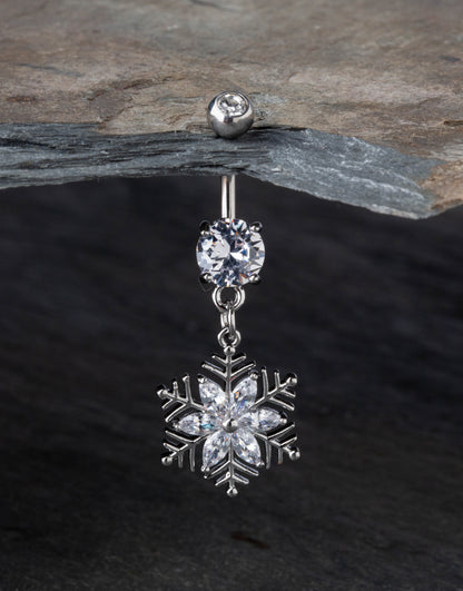 CZ Crystal Snowflake Dangling Belly Button Ring - 316L Stainless Steel