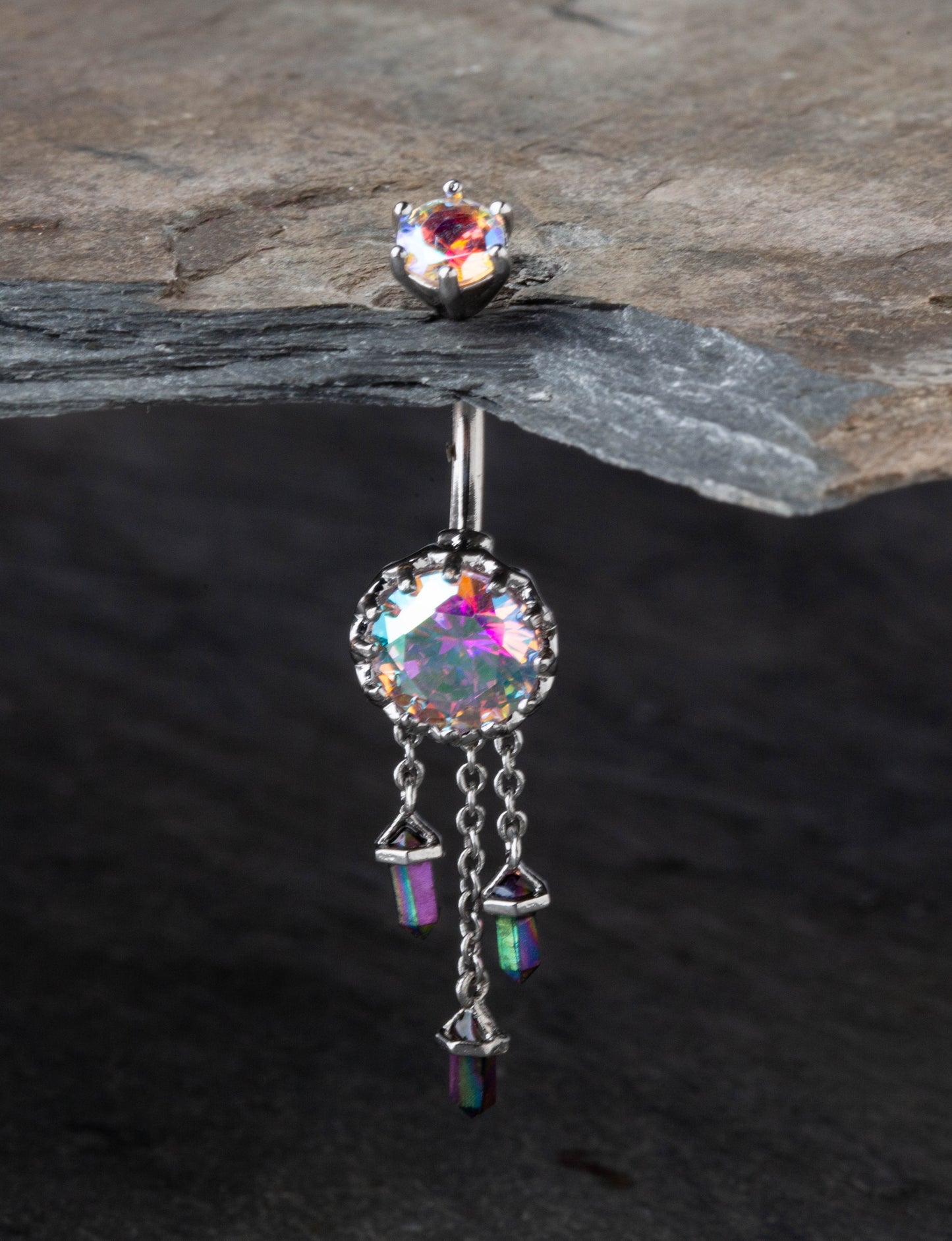 Aurora Borealis Gem with Triple Dangling Charms Belly Button Ring - 316L Stainless Steel