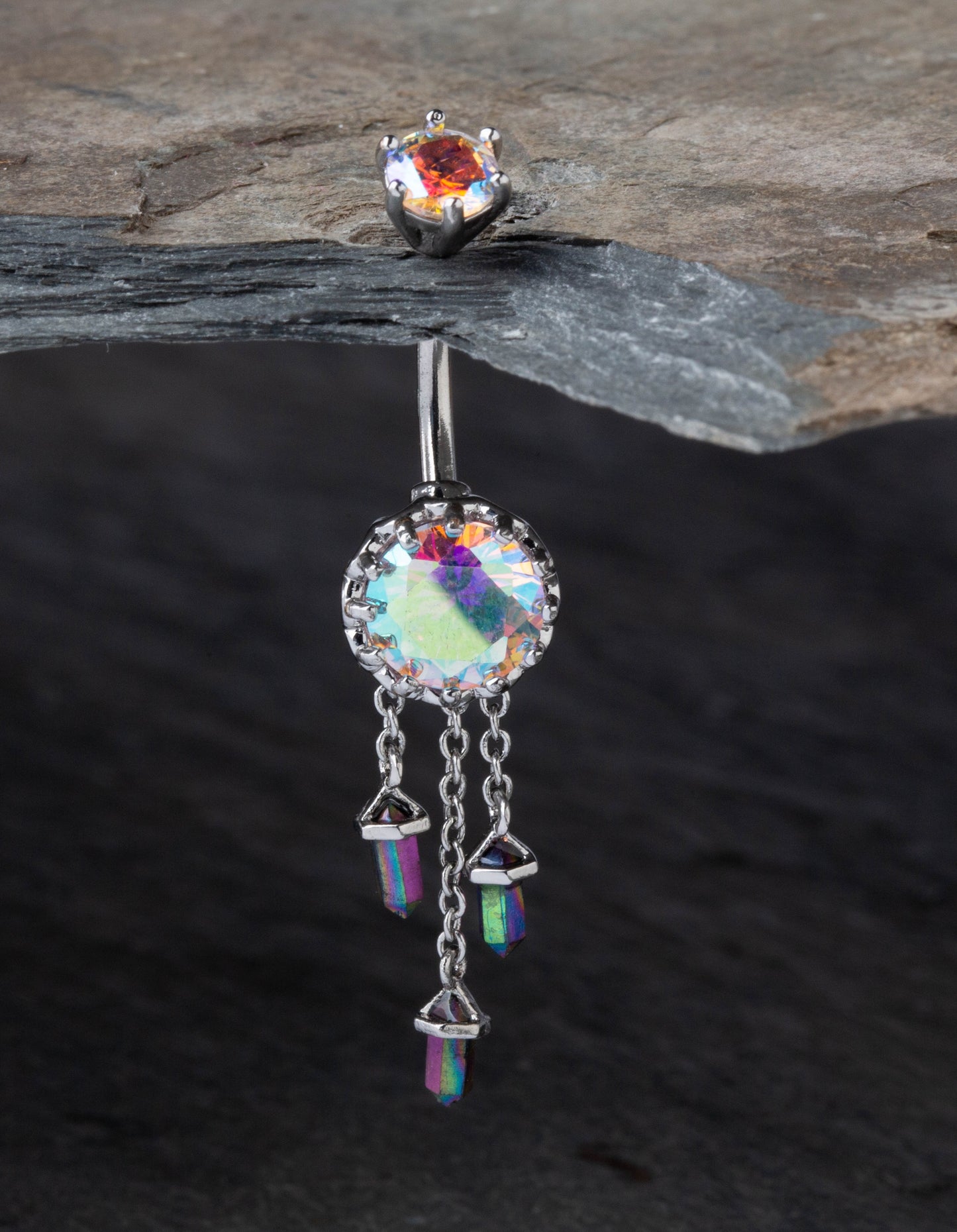 Aurora Borealis Gem with Triple Dangling Charms Belly Button Ring - 316L Stainless Steel