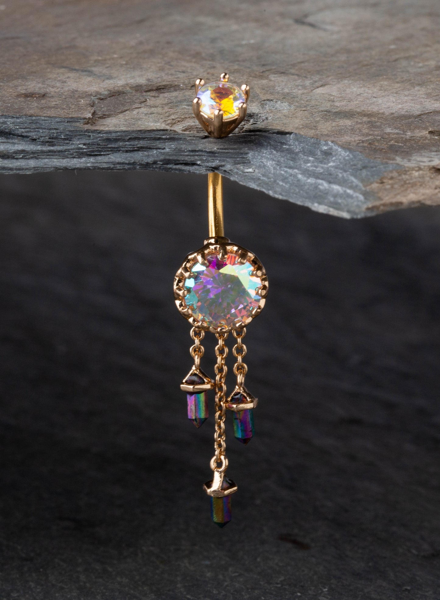 Aurora Borealis Gem with Triple Dangling Charms Belly Button Ring - 316L Stainless Steel