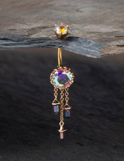 Aurora Borealis Gem with Triple Dangling Charms Belly Button Ring - 316L Stainless Steel