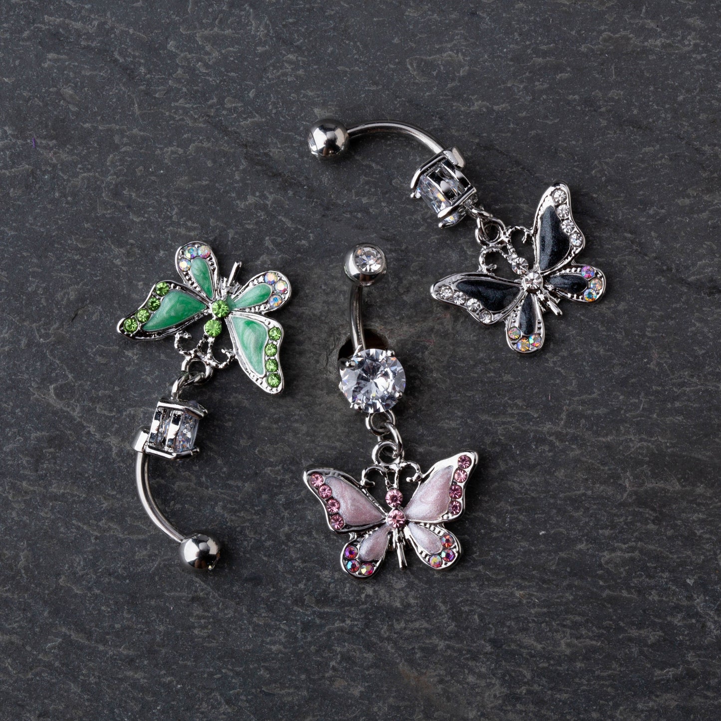 CZ Crystal Butterfly Dangling Belly Button Ring - Stainless Steel