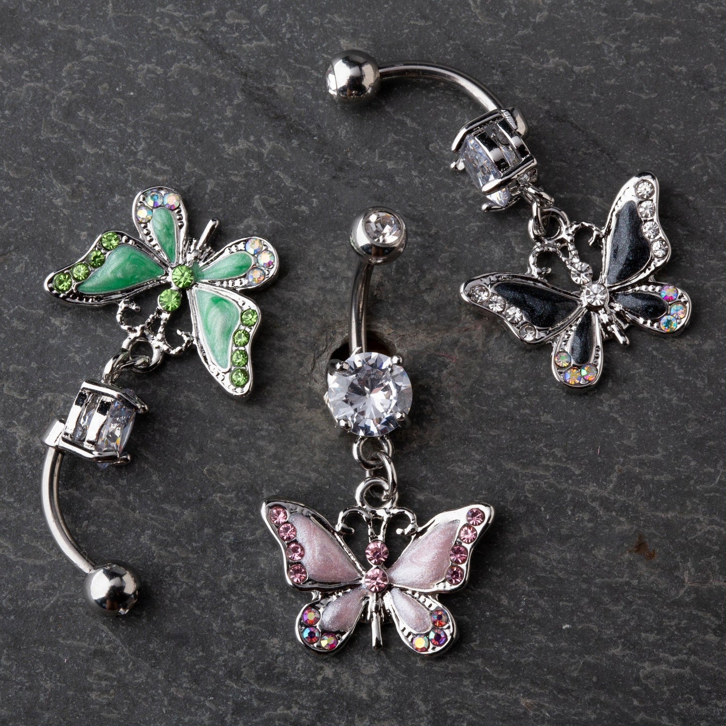 CZ Crystal Butterfly Dangling Belly Button Ring - Stainless Steel