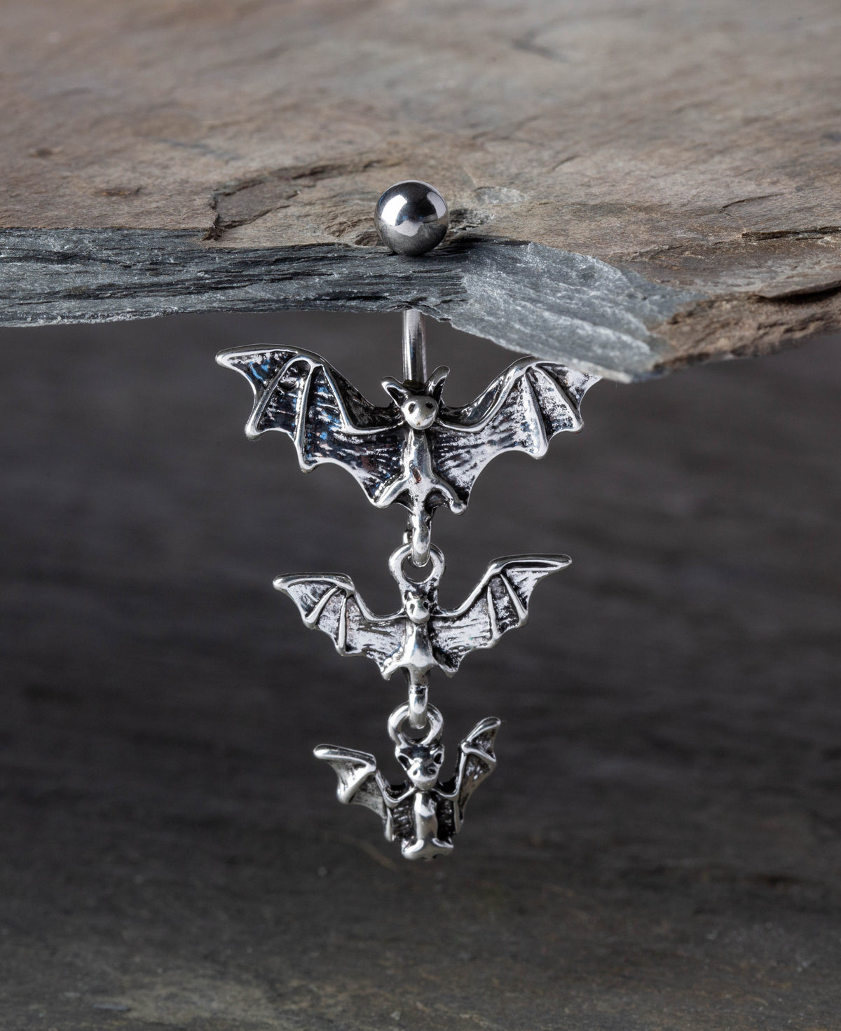 Gothic Triple Vampire Bat Dangling Belly Button Ring - Stainless Steel ...