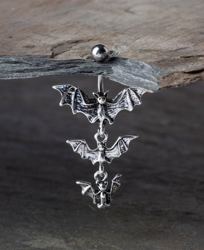 Gothic Triple Vampire Bat Dangling Belly Button Ring - Stainless Steel