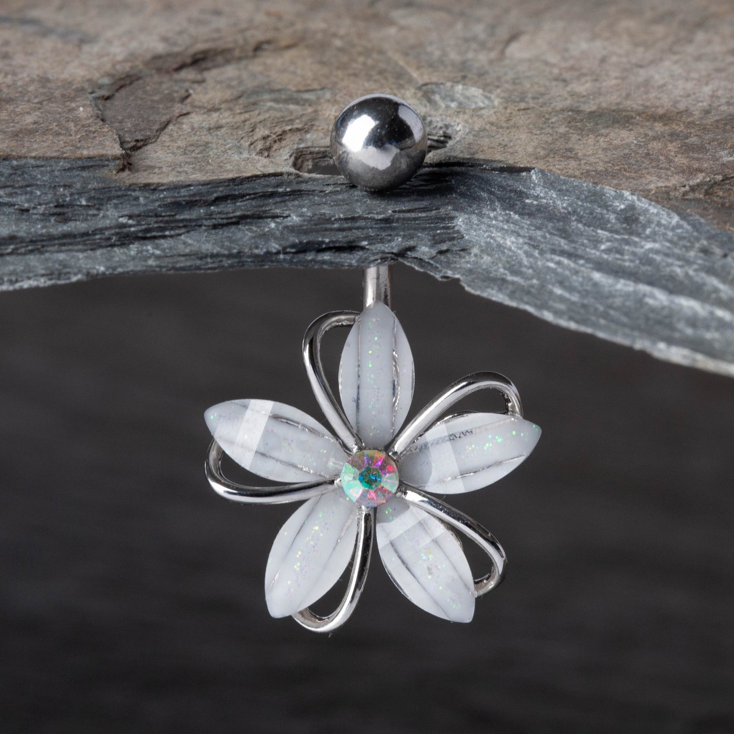 CZ Crystal Centered Wire Set White Flower Belly Button Ring
 - 316L Stainless Steel