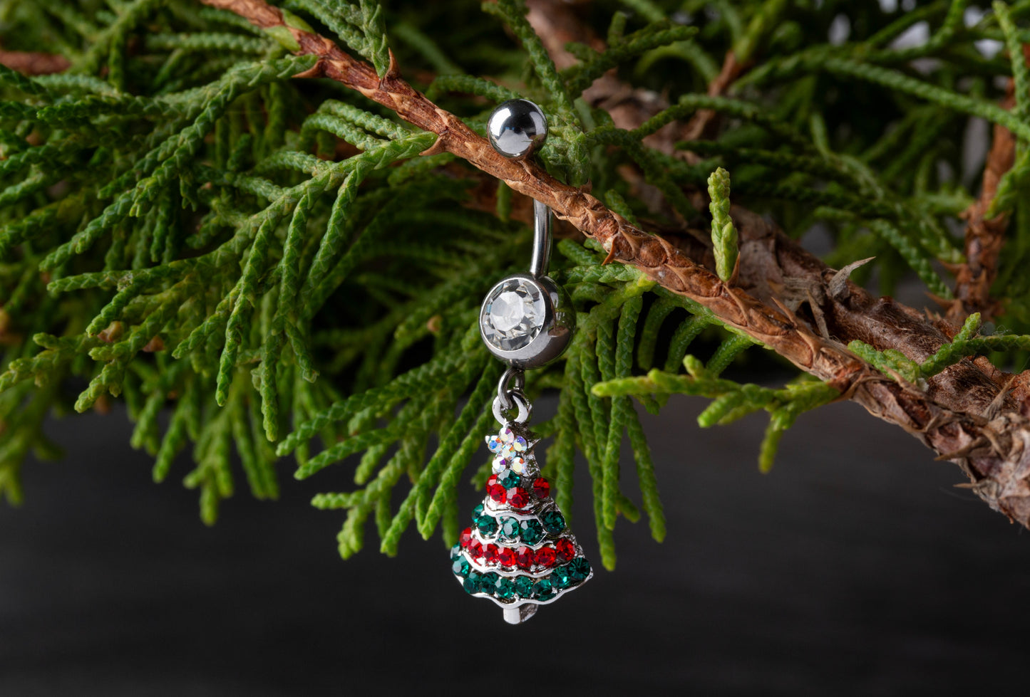 Red and Green CZ Crystal Paved Christmas Tree Dangling Belly Button Ring - 316L Stainless Steel