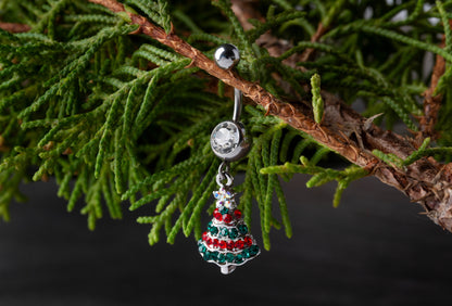 Red and Green CZ Crystal Paved Christmas Tree Dangling Belly Button Ring - 316L Stainless Steel