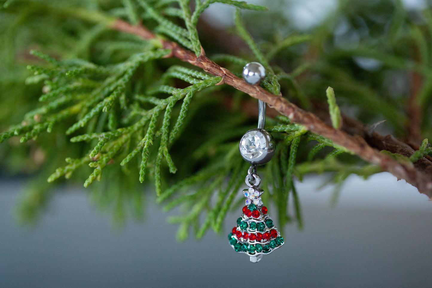 Red and Green CZ Crystal Paved Christmas Tree Dangling Belly Button Ring - 316L Stainless Steel